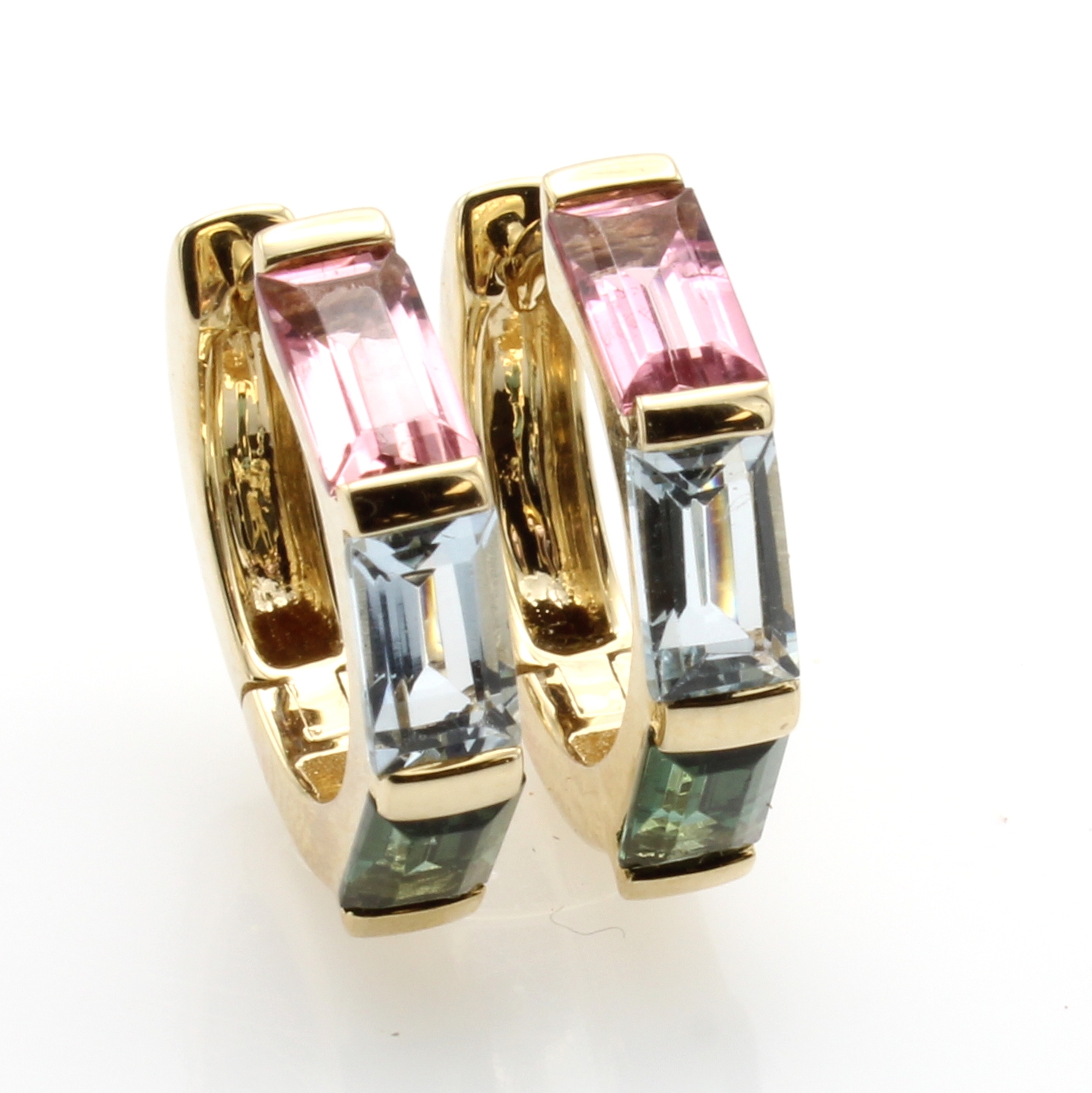 Image 27051638 - Paar Klappcreolen mit Farbsteinen, GG 585/000, 2 Aquamarine zus. ca. 0.51 ct u. 4 ...