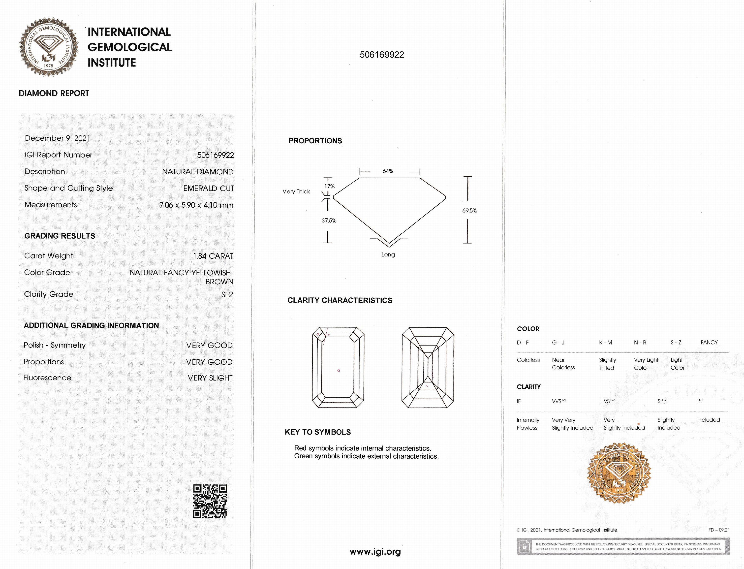 Detail a: Loser Diamant im Emerald Cut, 1.84 ct Natural Fancy Yellowish Brown/si2, 7.06 x 5.90 x 4.10 mm, eingeschweißt, IGI-Expertise