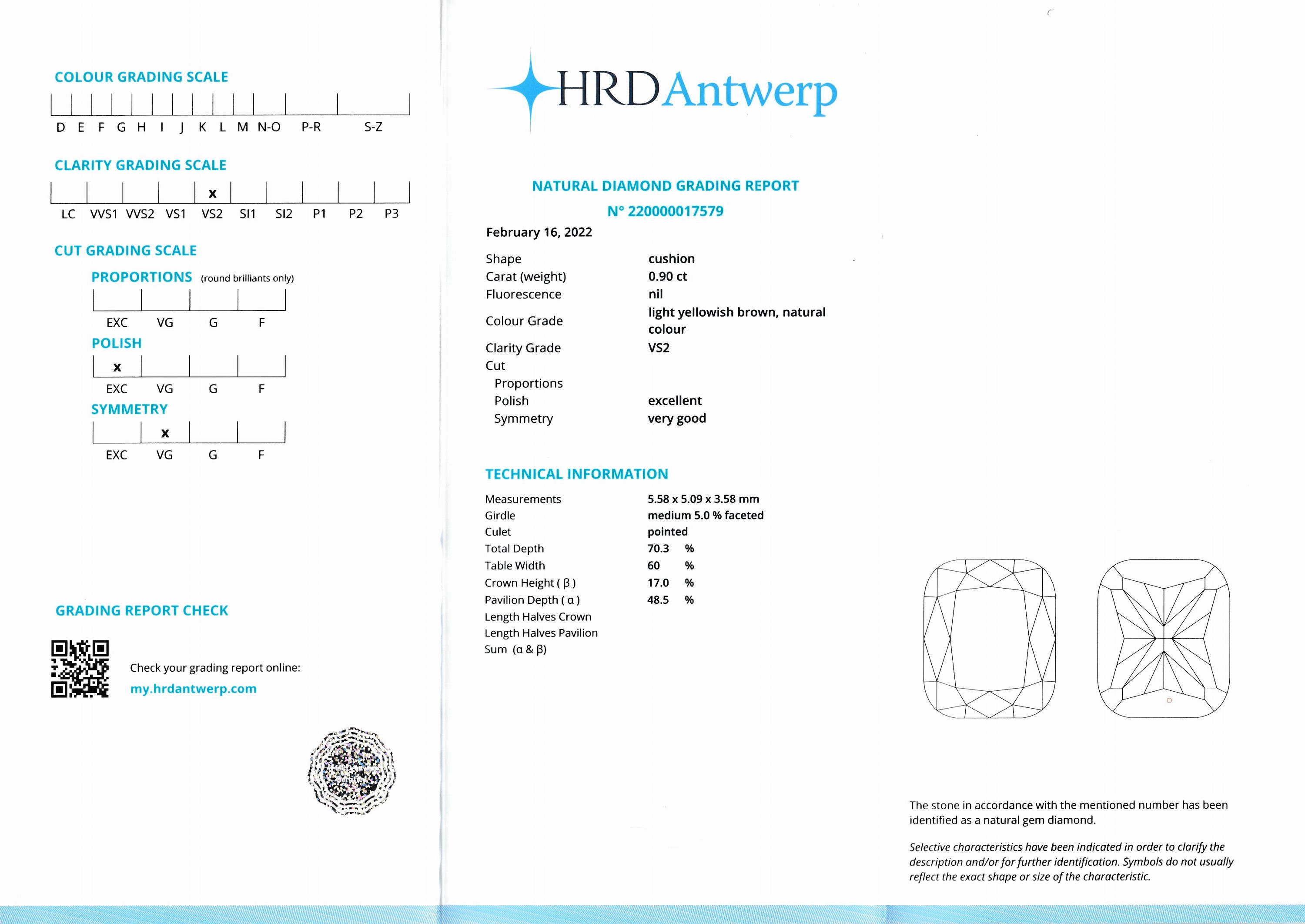 Detail a: Loser Diamant, Cushion Cut, 0.90 ct Natural Light Yellowish Brown/vs2, 5.58 x 5.09 x 3.58 mm, eingeschweißt, HRD-Expertise
