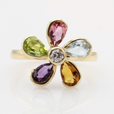 27051609a - Ring ´Blüte´ mit Farbsteinen und Brillant, GG 585/000, Brill. ca. 0.11 ct Weiß/si-p, ...