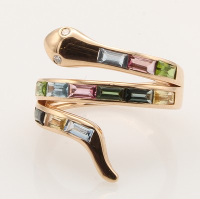 Image Ring ´Schlange´ mit Brillanten und Farbsteinen, RoséG 585/000, 2 Brill. als Augen gef. ...