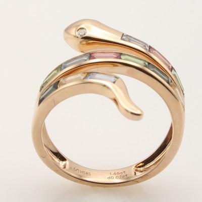27051620a - Ring ´Schlange´ mit Brillanten und Farbsteinen, RoséG 585/000, 2 Brill. als Augen gef. ...