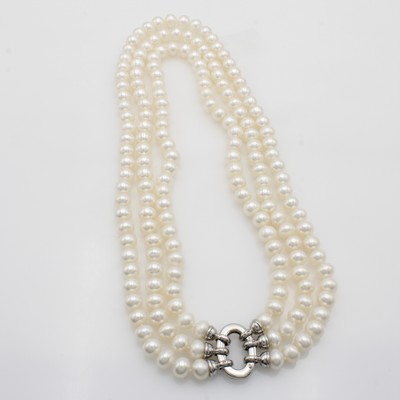 27051646a - Set aus 3 Strängen mit Süßwasserzuchtperlen, verbunden durch Clipschließe aus 925er ...