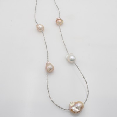 Image Lange Kette aus Labradoriten und Monsterperlen, Karabinerschl. Silber, 5 barocke Süß- ...