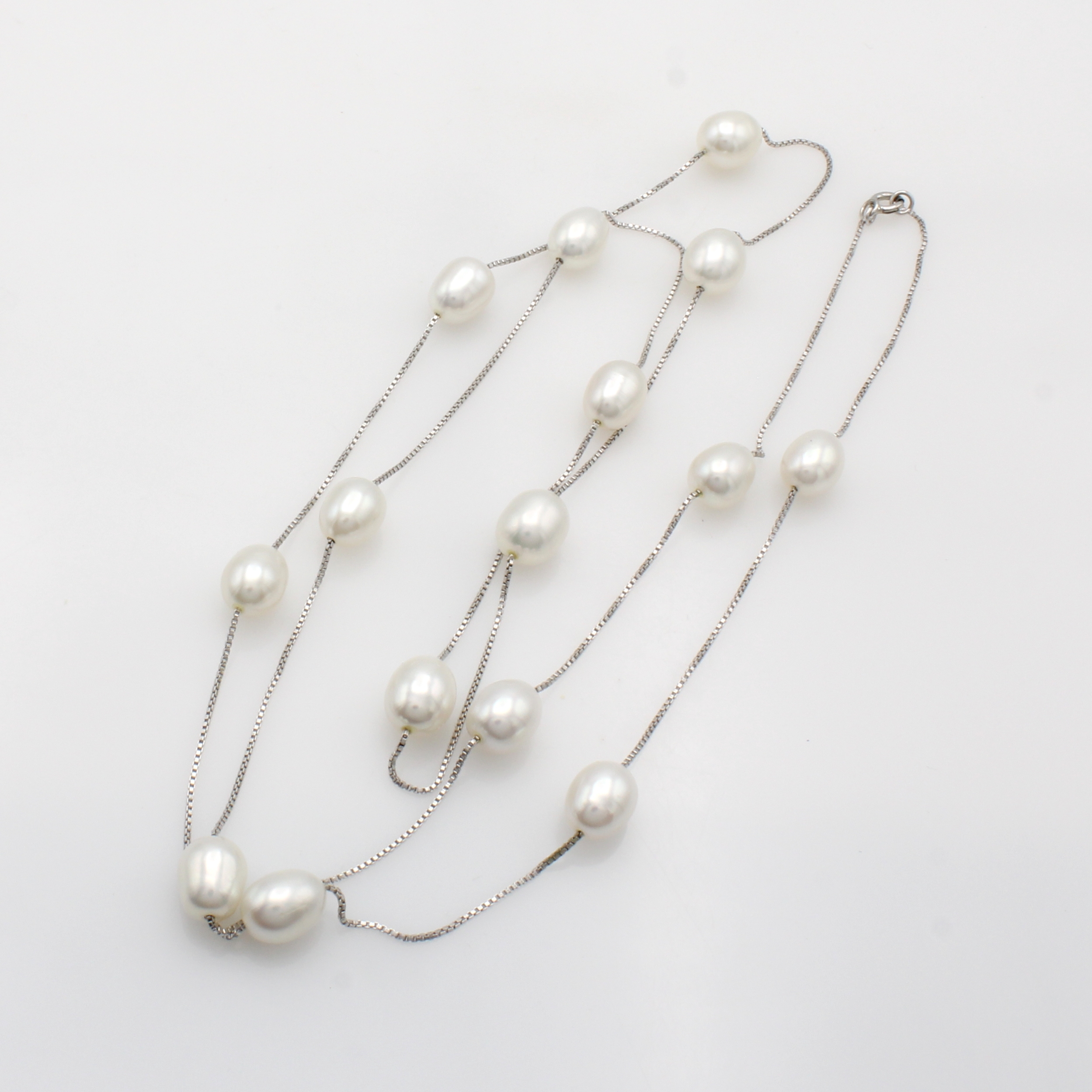 Image 27051862 - Lange Kette mit Süßwasserzuchtperlen, 925er Silber, 15 weiße, tropfenf. Perlen ca. 8 ...