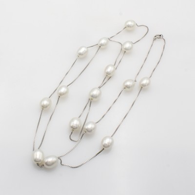 Image Lange Kette mit Süßwasserzuchtperlen, 925er Silber, 15 weiße, tropfenf. Perlen ca. 8 ...