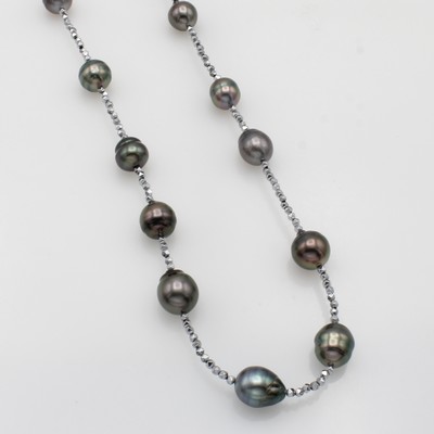 Image Kette aus Hämatiten und Tahitizuchtperlen, Karabinerschl. Silber, 15 barocke Perlen ca. ...