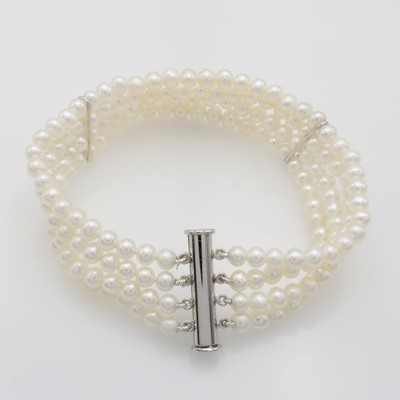 Image 4-reihiges Armband aus Süßwasserzuchtperlen, Magnetschl. Silber, weiße Perlen ca. 4 - ...