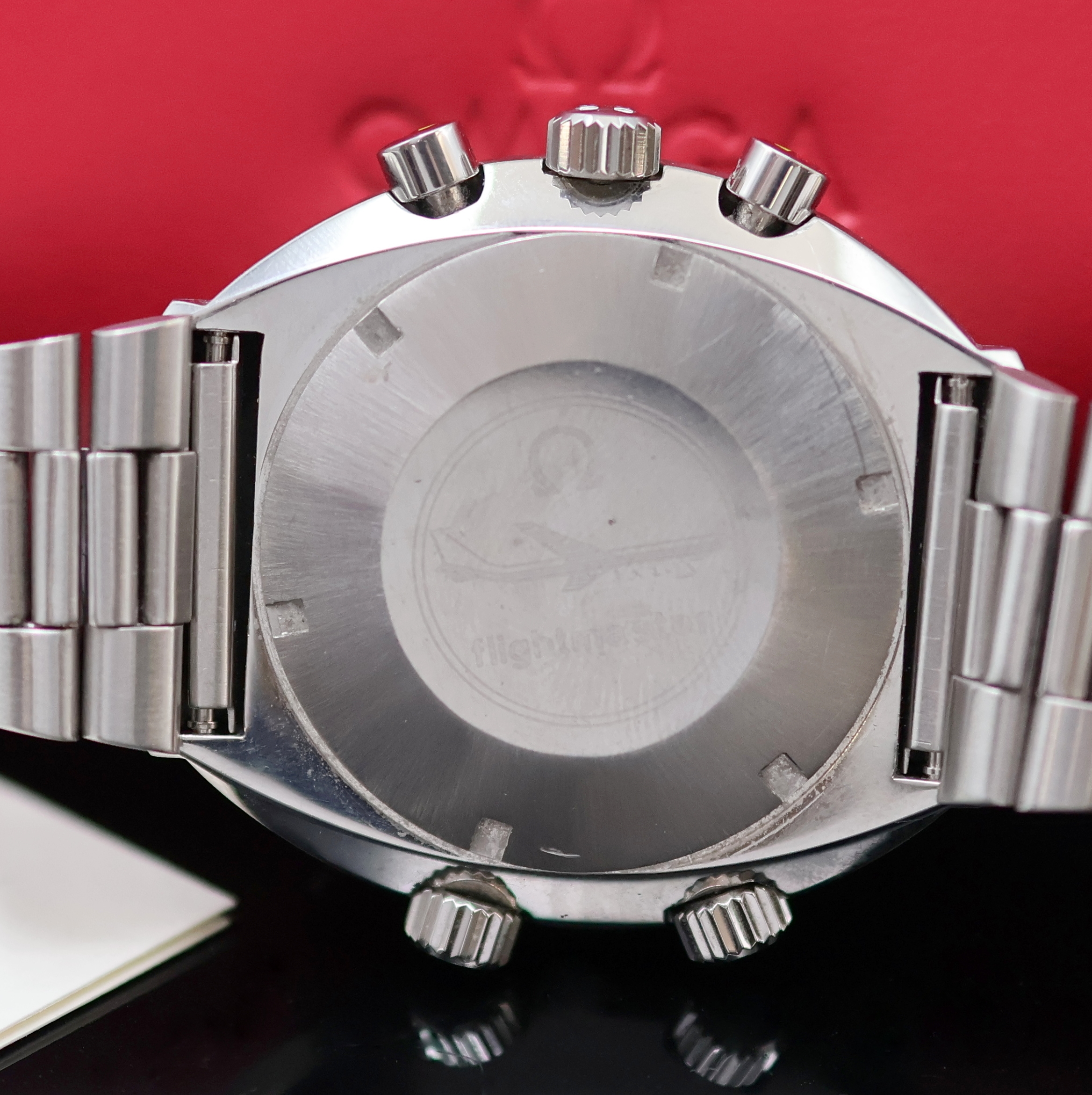 Detail e: OMEGA Flightmaster Herrenchronograph Referenz 145.013, Schweiz lt. Archivauszug 1971, Handaufzug, massives Edelstahlgeh. inkl. orig. Gliederband m. ...