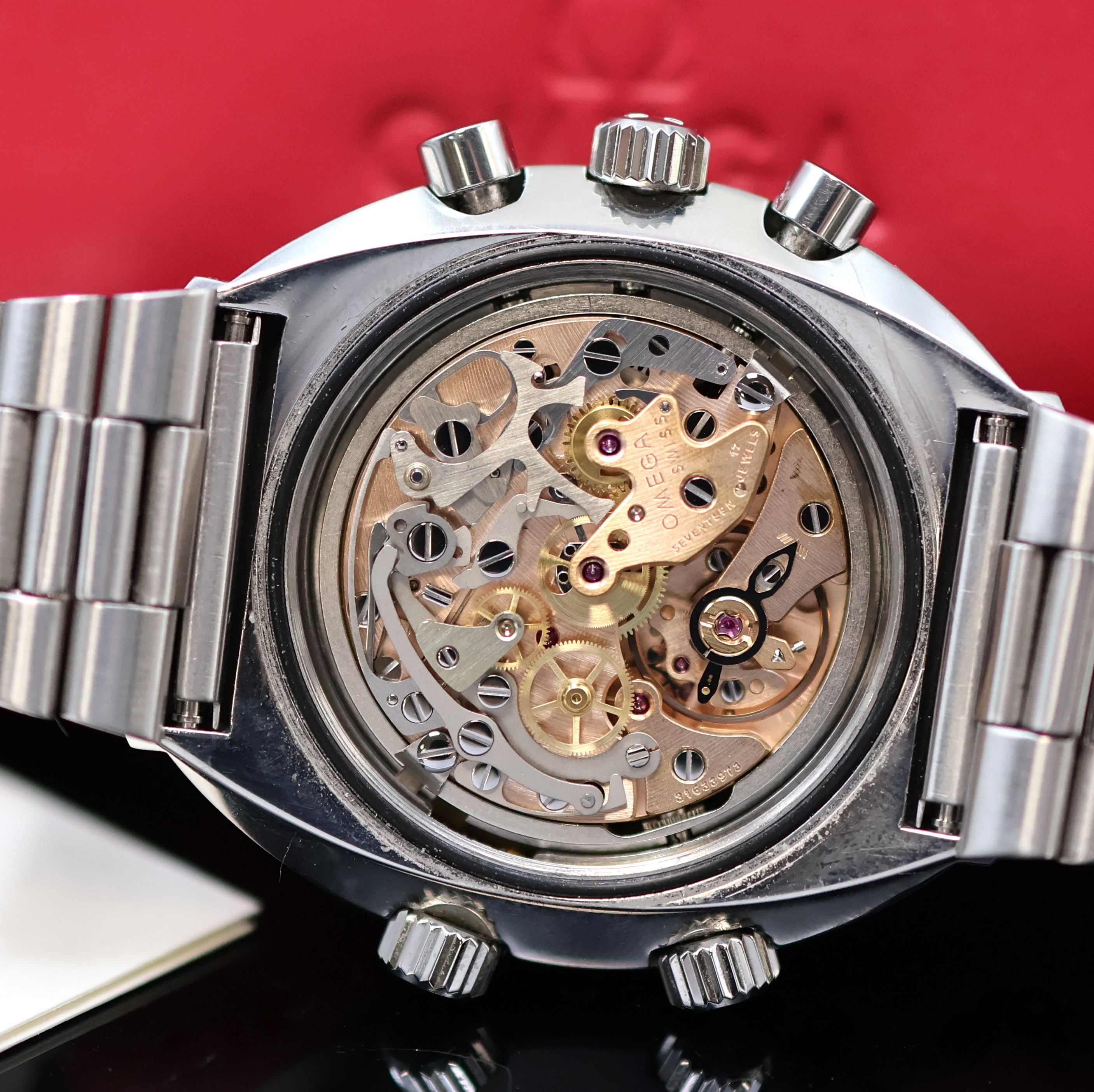 Detail f: OMEGA Flightmaster Herrenchronograph Referenz 145.013, Schweiz lt. Archivauszug 1971, Handaufzug, massives Edelstahlgeh. inkl. orig. Gliederband m. ...