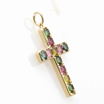 27052087a - Kreuzanhänger mit Turmalinen, GG 585/000, 11bunte Turmaline zus. ca. 1.98 ct, Maße ca. ...