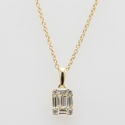 27052099a - Anhänger mit Brillanten und Diamanten an Kette, GG 585/000, Diamantbag. u. 4 Brill. ...