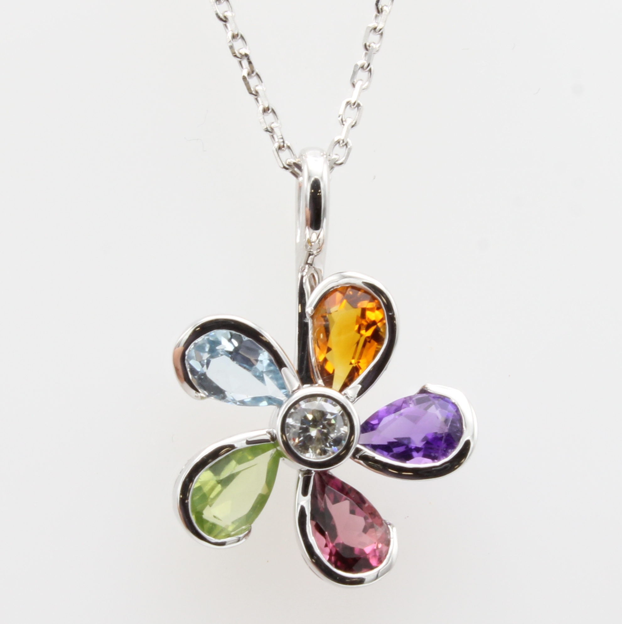 Image 27052104 - Anhänger ´Blume´ mit Brillant und Farbsteinen an Kette, WG 585/000, Brill. ca. 0.11 ct ...