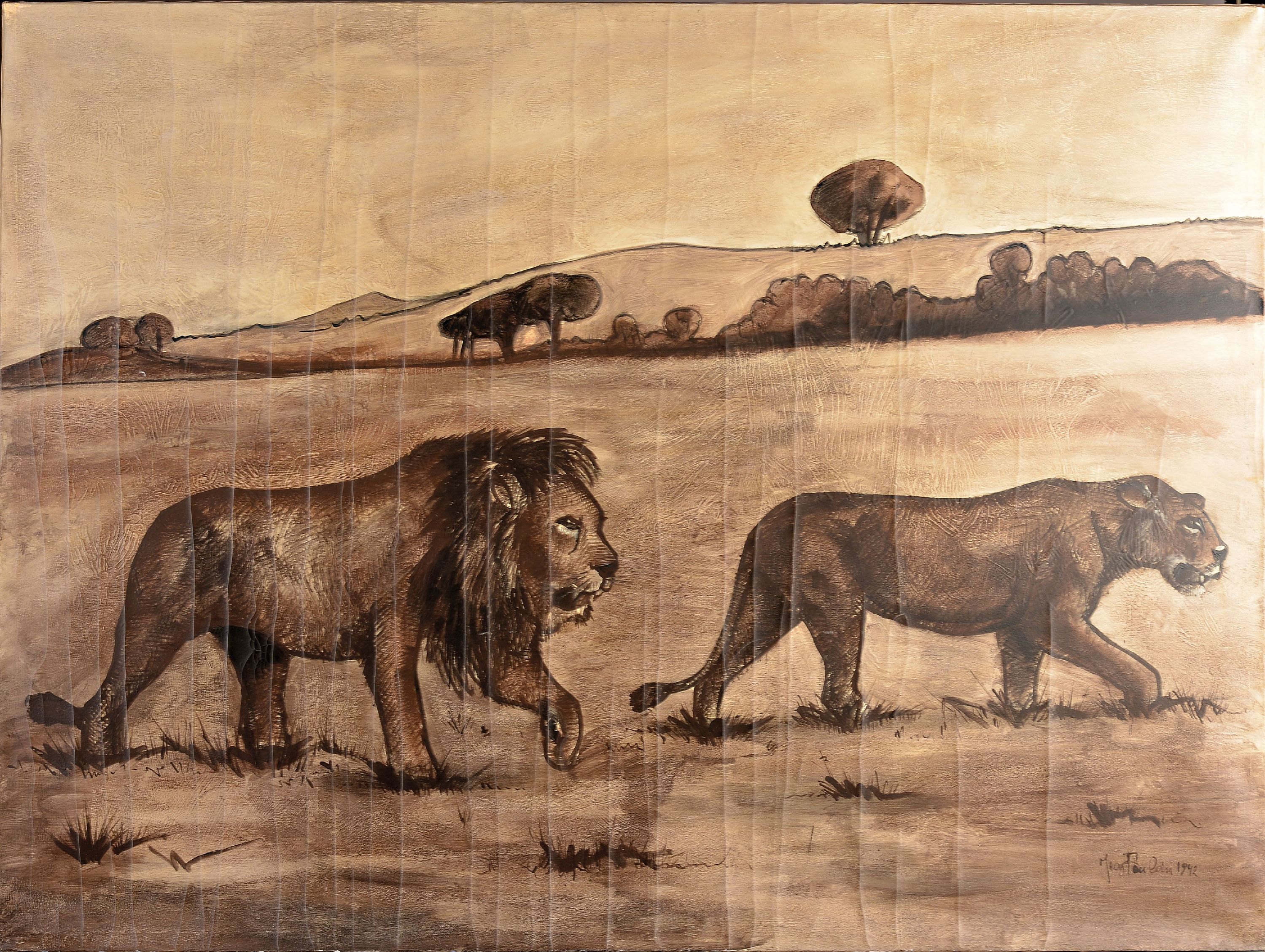 Detail k: Jean Poulin, Künstler des 20.Jh., Löwenpaar in der Wildnis, rechts unten signiert und datiert 1942, Öl/Lwd, ungerahmt, Krakelee, 175x235 cm