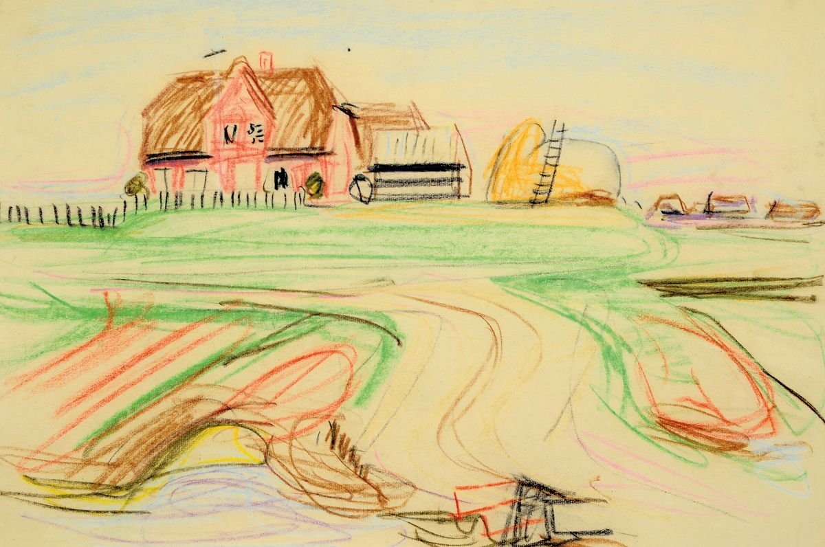 Image 27052702 - Erich Hartmann, 1886 - 1974, Bauernhof, farbige Kreidezeichnung auf Papier, auf der ...