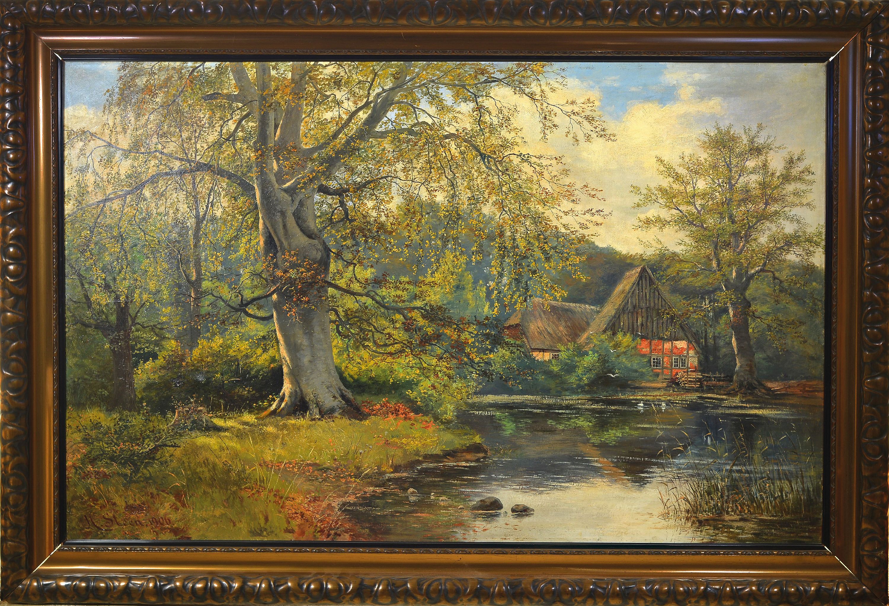 Detail k: Heinrich Steen, 1849 Timmendorf-1913 Eutin, Norddeutsches Bauernhaus am Baum bestandenen Teichufer, Öl/Lwd, links unten signiert und dat. 1906, ca. ...