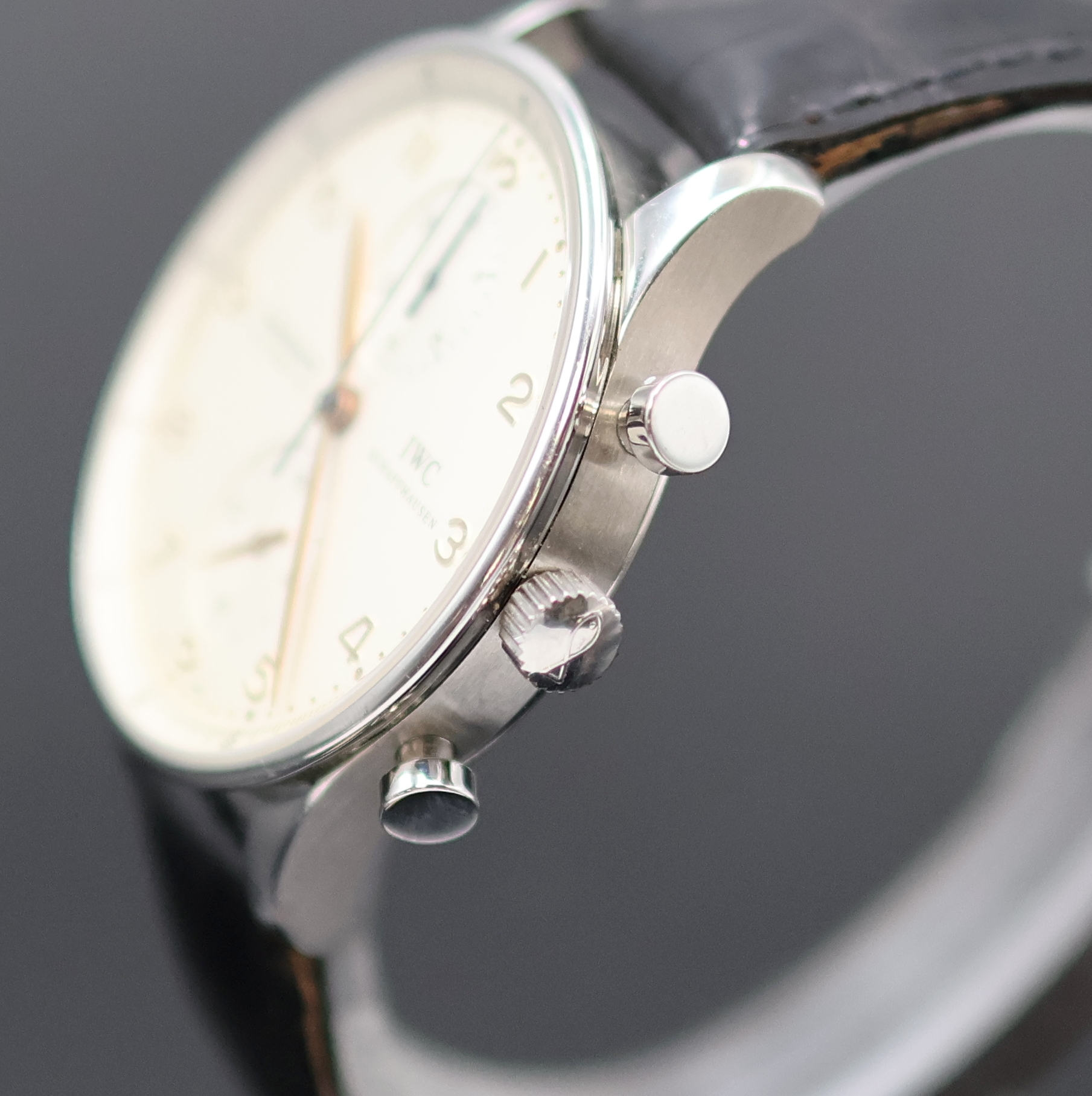 Detail c: IWC Portugieser Armbandchronograph Referenz 3714, Automatik, Edelstahlgeh. inkl. orig. Lederband m. orig. Dornschl., Boden 4-fach verschr., silb. ...