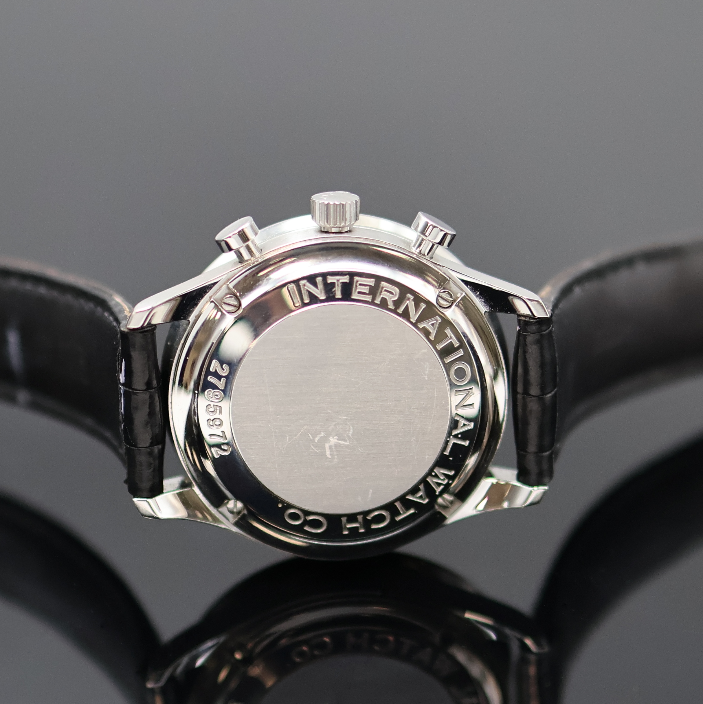 Detail d: IWC Portugieser Armbandchronograph Referenz 3714, Automatik, Edelstahlgeh. inkl. orig. Lederband m. orig. Dornschl., Boden 4-fach verschr., silb. ...