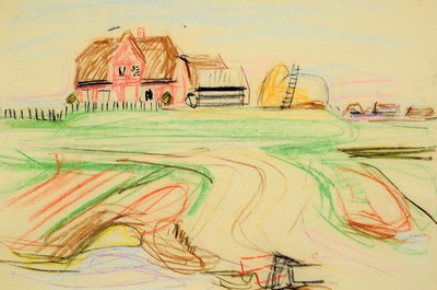Image Erich Hartmann, 1886 - 1974, Bauernhof, farbige Kreidezeichnung auf Papier, auf der ...