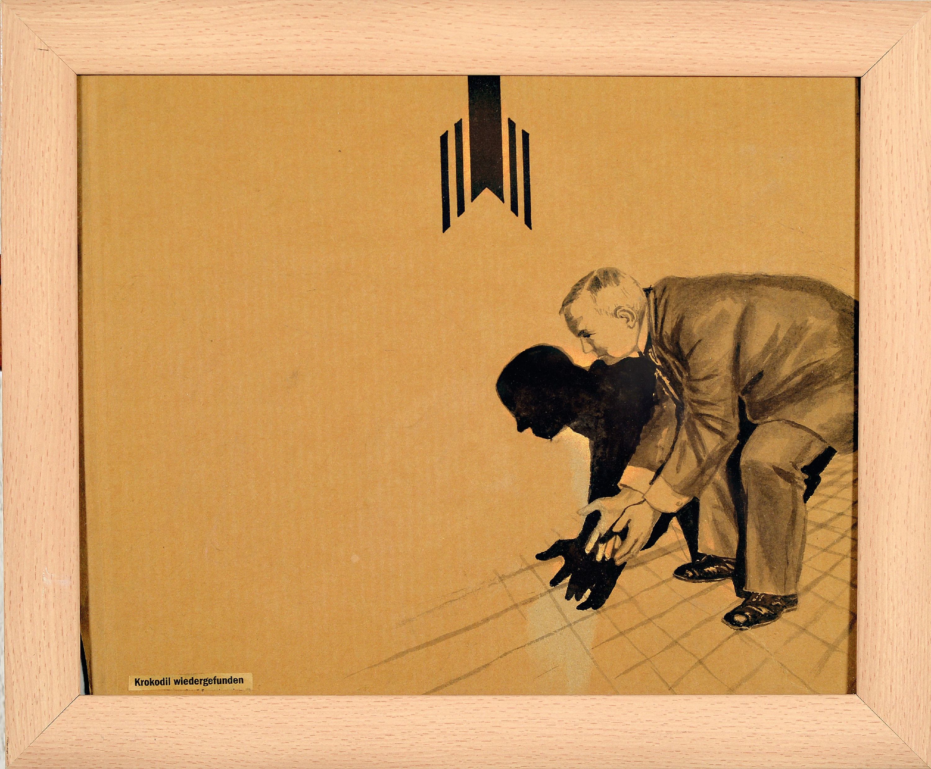 Detail k: Eva Grün, geb. 1975 Wien, "Krokodil wiedergefunden", Tusche auf Karton, unter Glasgerahmt 29x34 cm; Grün studierte an der Akademie Wien