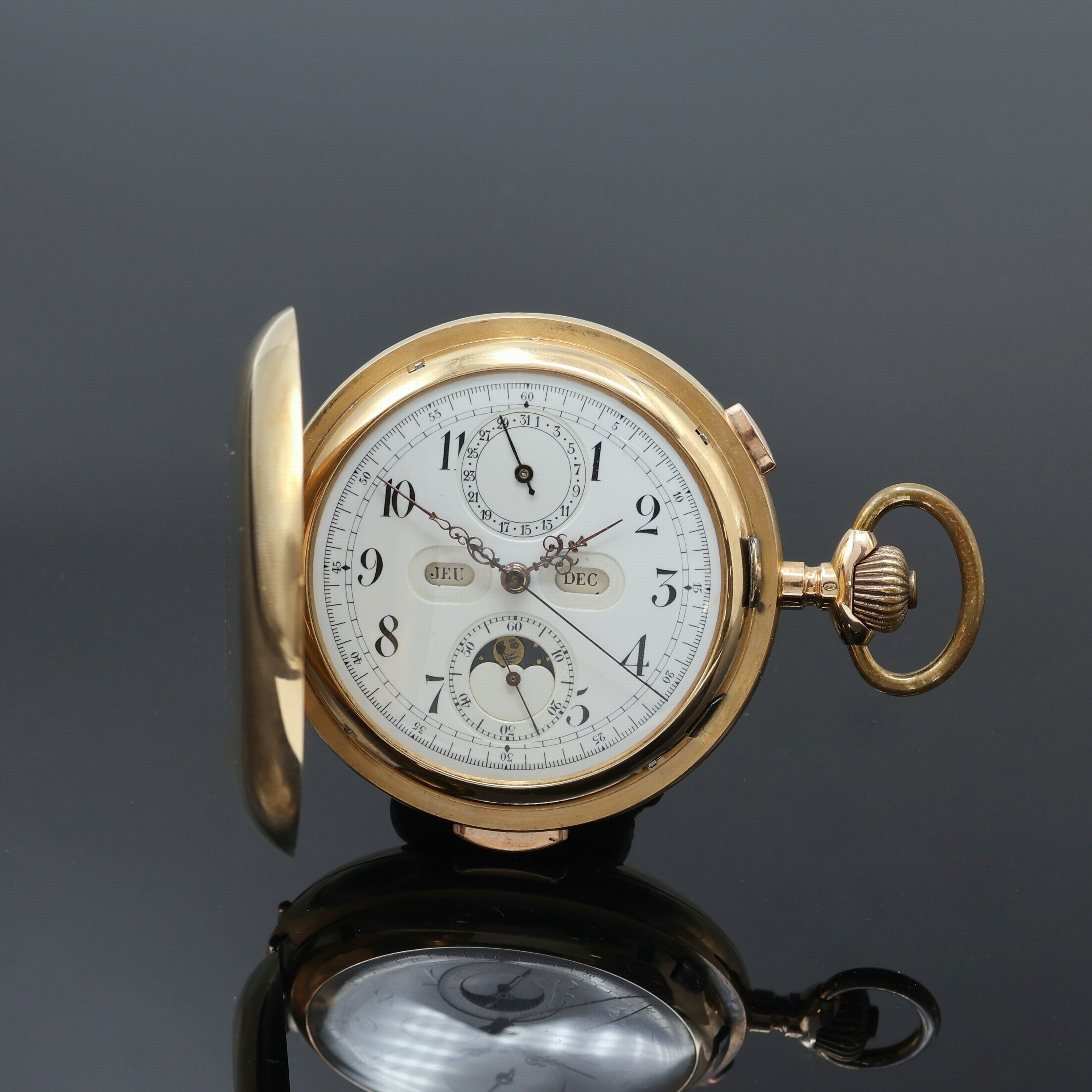 Image 27053045 - 18k pink gold hunting cased pocket watch with complete calendar, chronograph and 1/4 ...