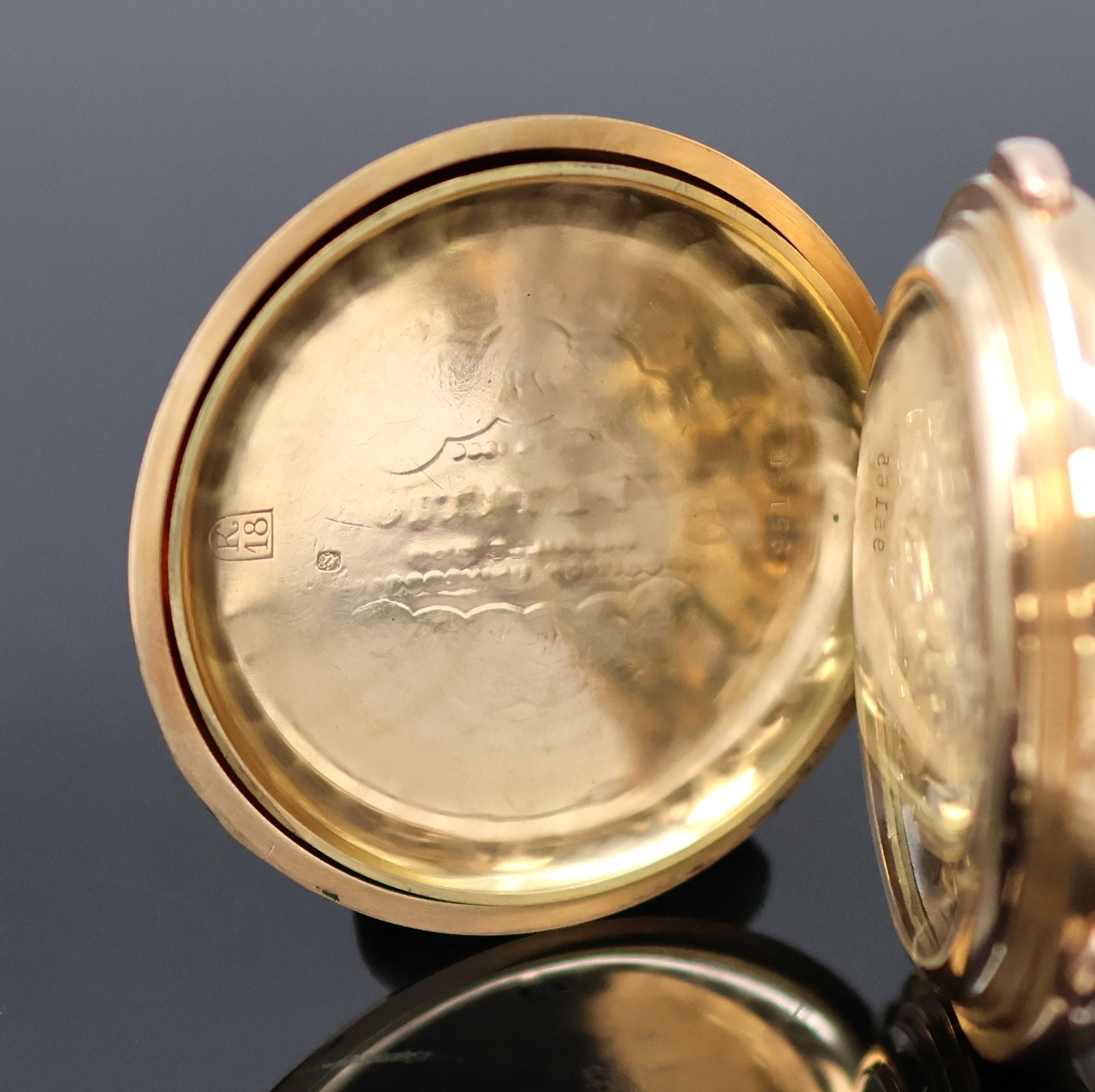 Detail f: Herrensavonette mit Vollkalender, Chronograph und 1/4 Repetition in RG 750/000, Schweiz um 1910, glattes 3-Deckel Goldgeh. l. dell., Cuvette m. ...