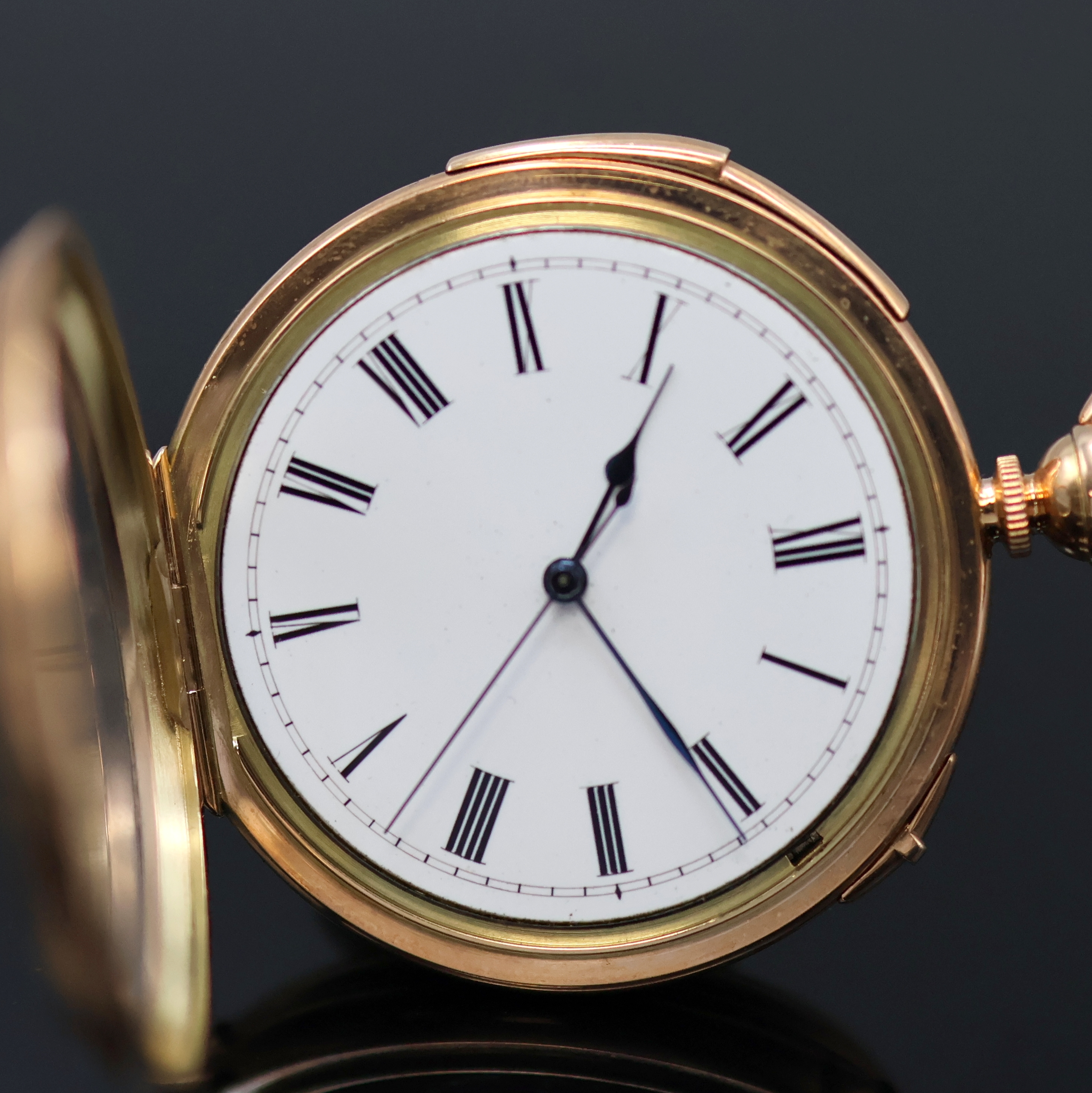 Detail a: Herrentaschenuhr mit springender Sekunde und Minutenrepetition in RG 585/000, Werk Schweiz um 1850, Schlüsselaufzug, späteres, schweres, glattes ...