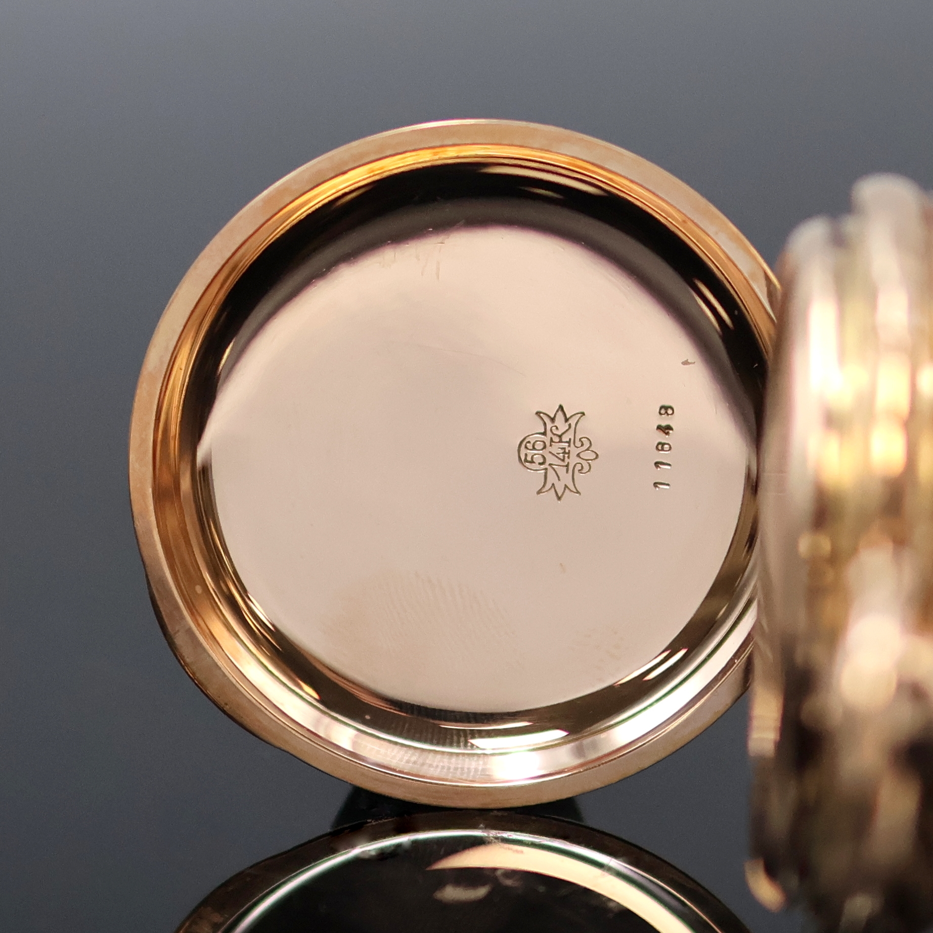 Detail b: Herrentaschenuhr mit springender Sekunde und Minutenrepetition in RG 585/000, Werk Schweiz um 1850, Schlüsselaufzug, späteres, schweres, glattes ...