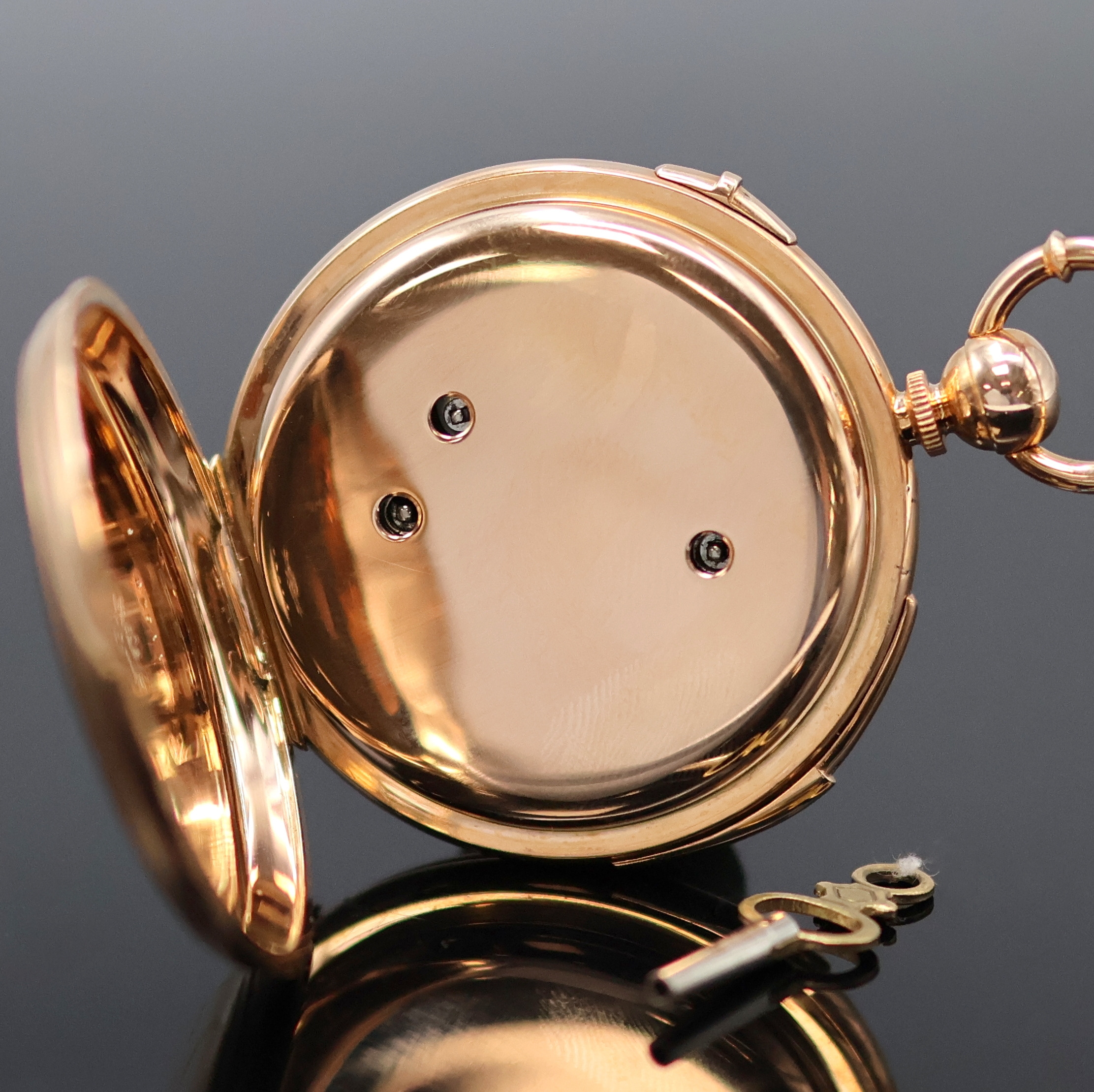 Detail c: Herrentaschenuhr mit springender Sekunde und Minutenrepetition in RG 585/000, Werk Schweiz um 1850, Schlüsselaufzug, späteres, schweres, glattes ...