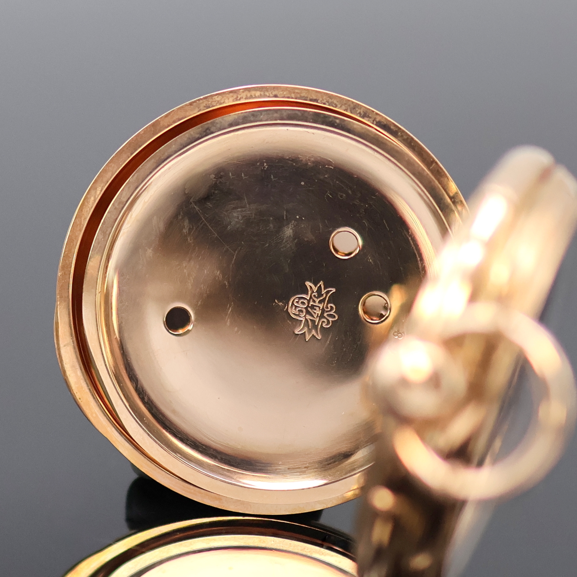 Detail e: Herrentaschenuhr mit springender Sekunde und Minutenrepetition in RG 585/000, Werk Schweiz um 1850, Schlüsselaufzug, späteres, schweres, glattes ...