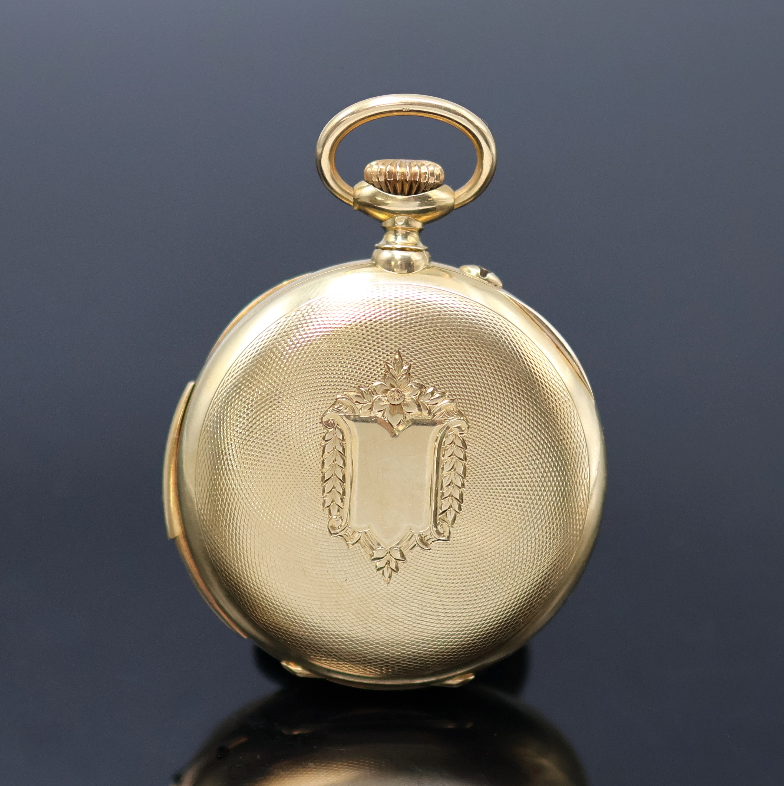 Detail b: CHRONOMETRE PATRIA offene Herrentaschenuhr mit Minutenrepetition in GG 750/000, Schweiz um 1920, großes, guill. 2-Deckel Goldgeh. m. à- Goutte ...