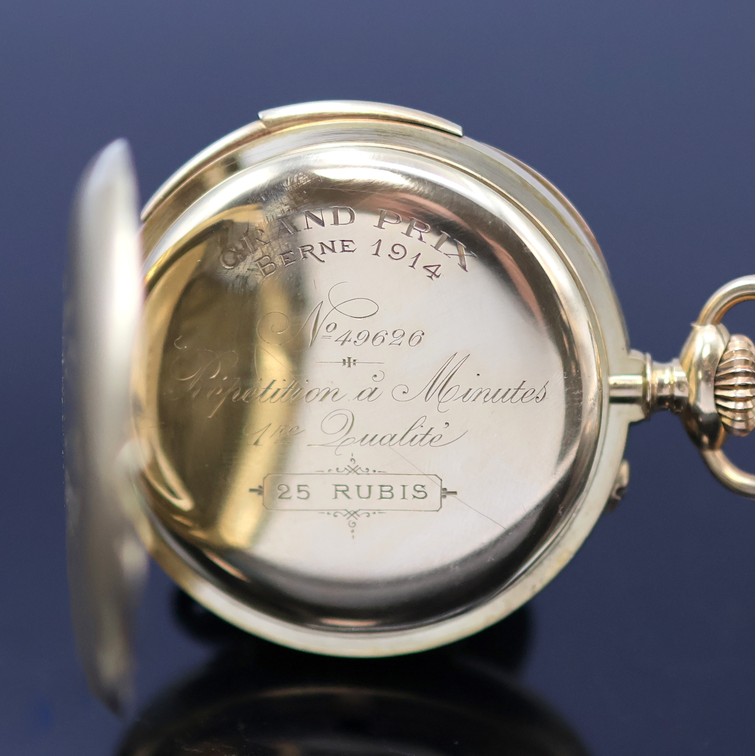 Detail c: CHRONOMETRE PATRIA offene Herrentaschenuhr mit Minutenrepetition in GG 750/000, Schweiz um 1920, großes, guill. 2-Deckel Goldgeh. m. à- Goutte ...