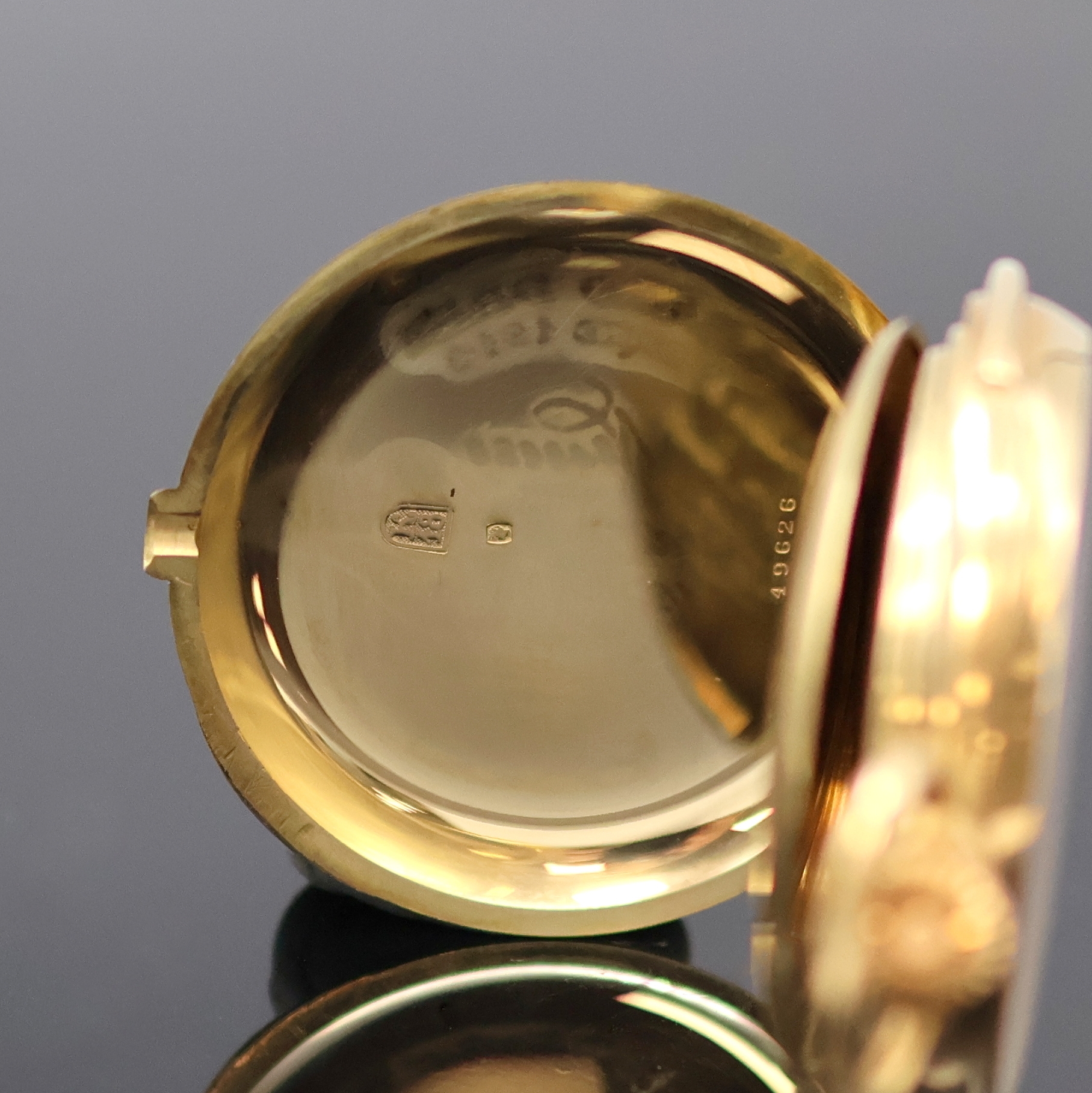 Detail d: CHRONOMETRE PATRIA offene Herrentaschenuhr mit Minutenrepetition in GG 750/000, Schweiz um 1920, großes, guill. 2-Deckel Goldgeh. m. à- Goutte ...
