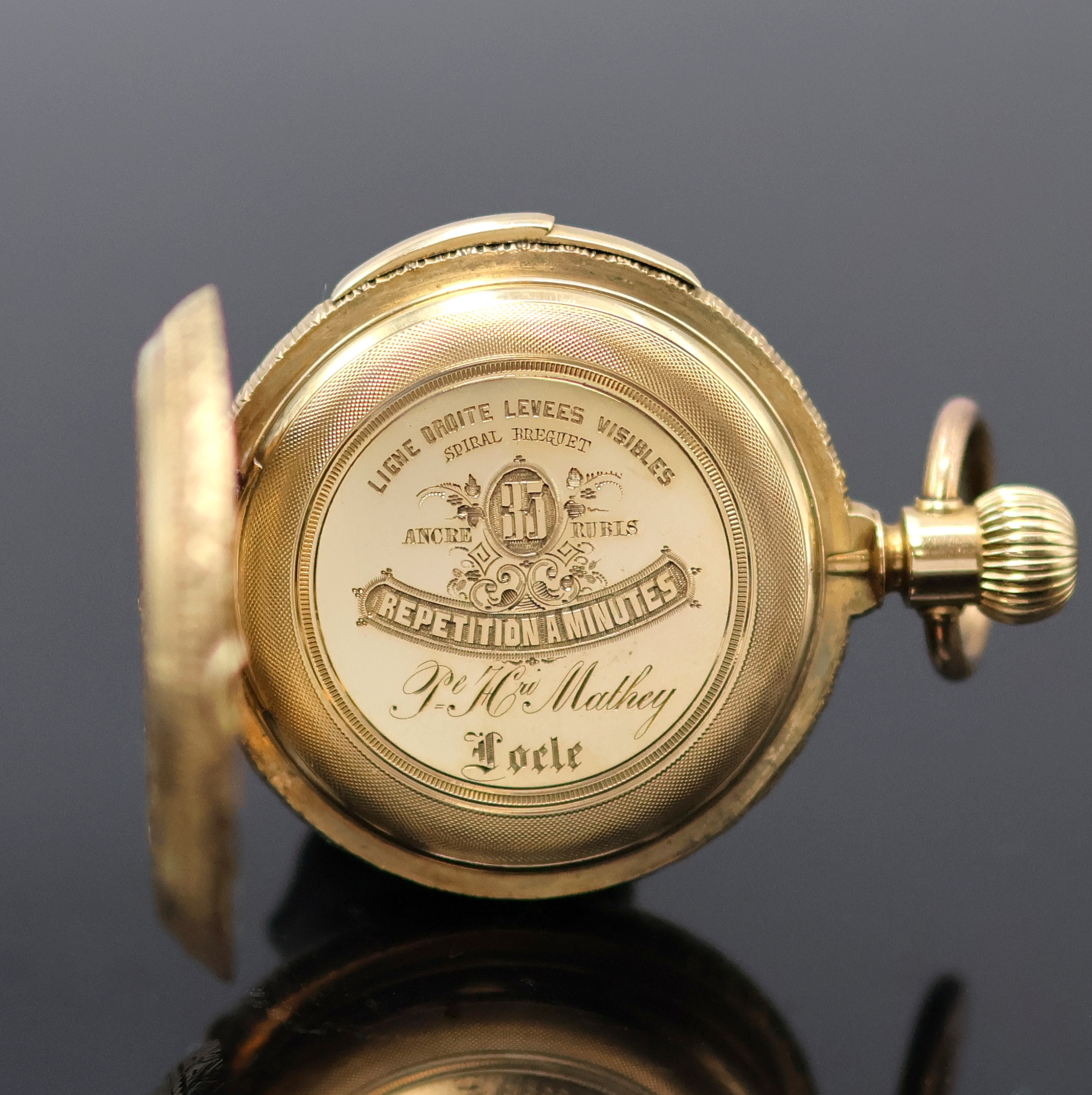 Detail e: P.H. MATHEY schwere Herrensavonette mit Minutenrepetition in RoseG 750/000, Schweiz um 1880, vollständig tief-grav. 3-Deckel Goldgeh. m. à-Goutte ...