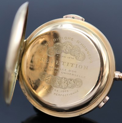 27053045c - 18k pink gold hunting cased pocket watch with complete calendar, chronograph and 1/4 ...