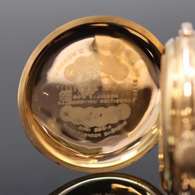 27053045d - 18k pink gold hunting cased pocket watch with complete calendar, chronograph and 1/4 ...