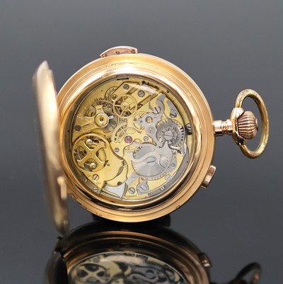 27053045e - 18k pink gold hunting cased pocket watch with complete calendar, chronograph and 1/4 ...