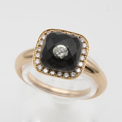 27053084b - Ring mit Topas und Diamanten, RG 750/000, carréef. Ringkopf, facett. Topas (beh.), ...