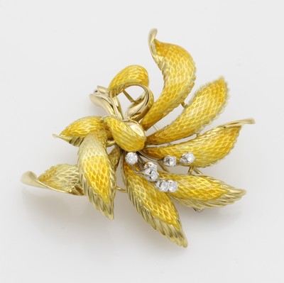 Image Blütenbrosche mit Brillanten und Lack, GG 750/000, Blätter m. gelbem Lack überzogen 2 ...