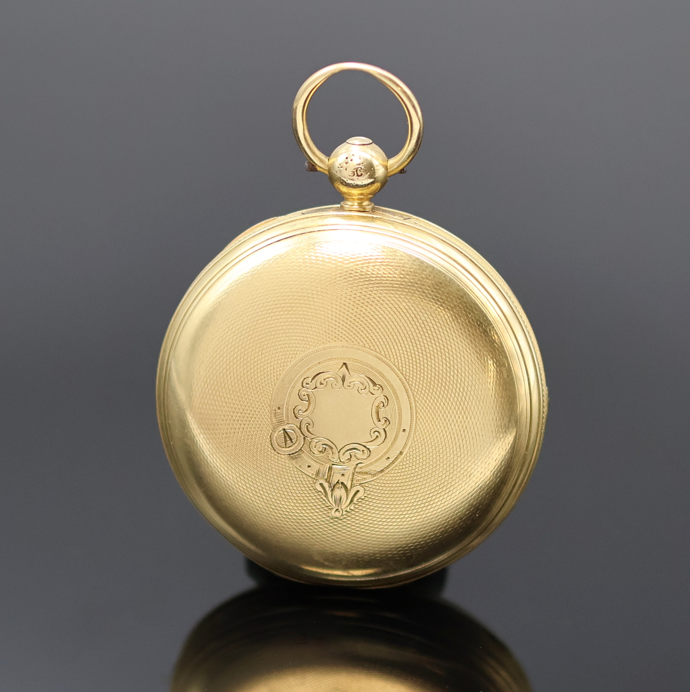 Detail a: Offene GG 750/000 Spitzzahnanker- Herrentaschenuhr Nr. 4716, Hallmark London 1837, guill. Geh. ber., guill. Rand, Emailzifferbl. riss., kl. Sek. bei ...