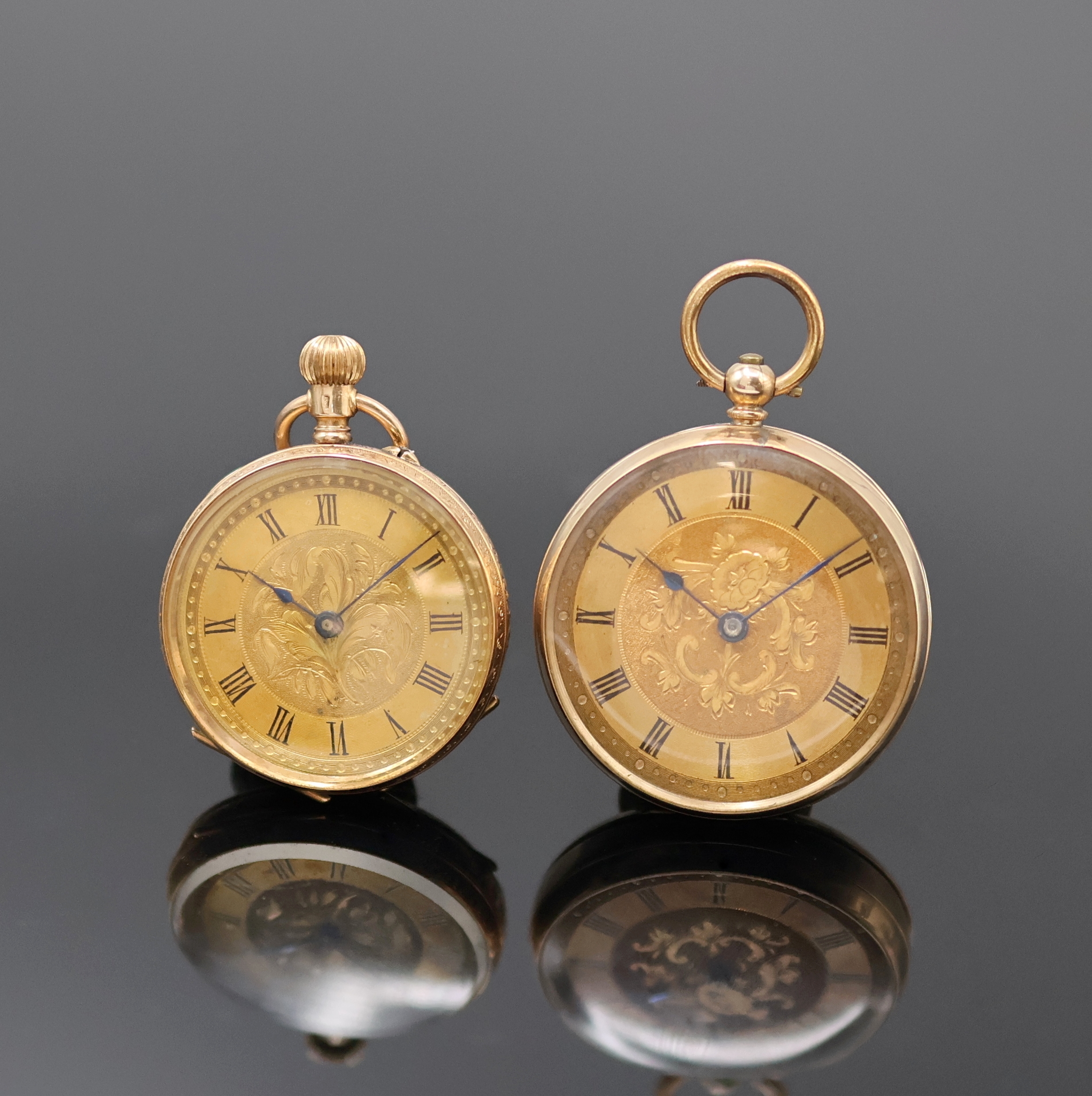 Image 27053249 - 2 offene Zylindertaschenuhren in RG 585/000 und 375/000, um 1880, 1 x Schlüssel- und 1 ...