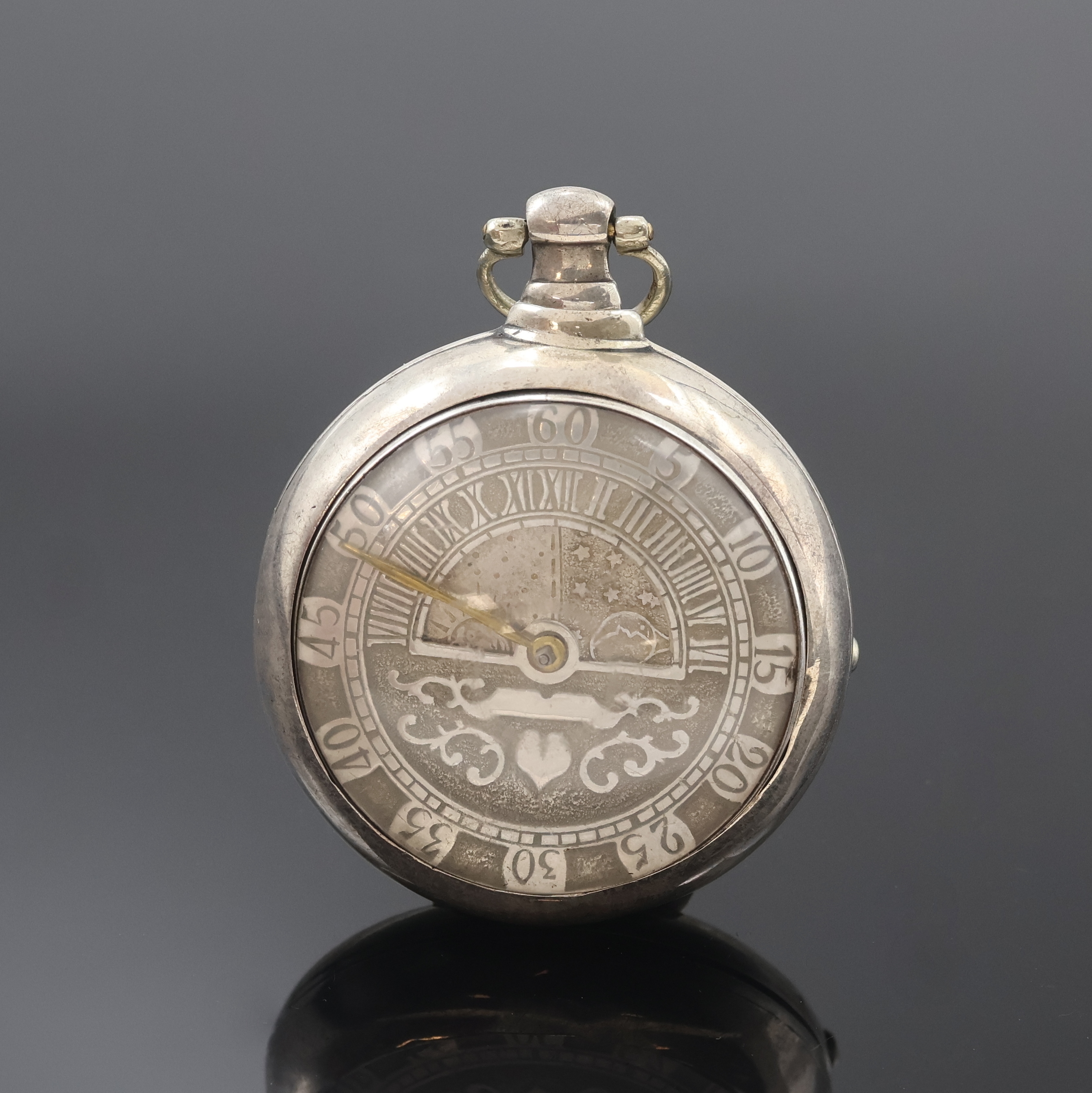 Image 27053251 - Heavy sterling silver verge pocket watch with day/night display for hours, Hallmark ...