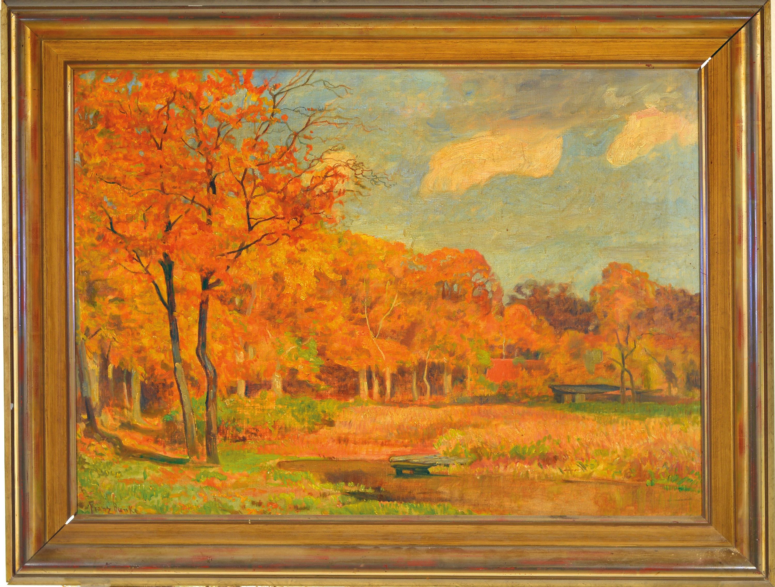 Detail k: Franz Bunke, 1857 Schwaan-1939 Oberweimar, Sonniger Herbsttag, rückseitig auf altem Etikett so betitelt, Öl/Lwd, links unten sign., ca. 54x74cm, R. ...