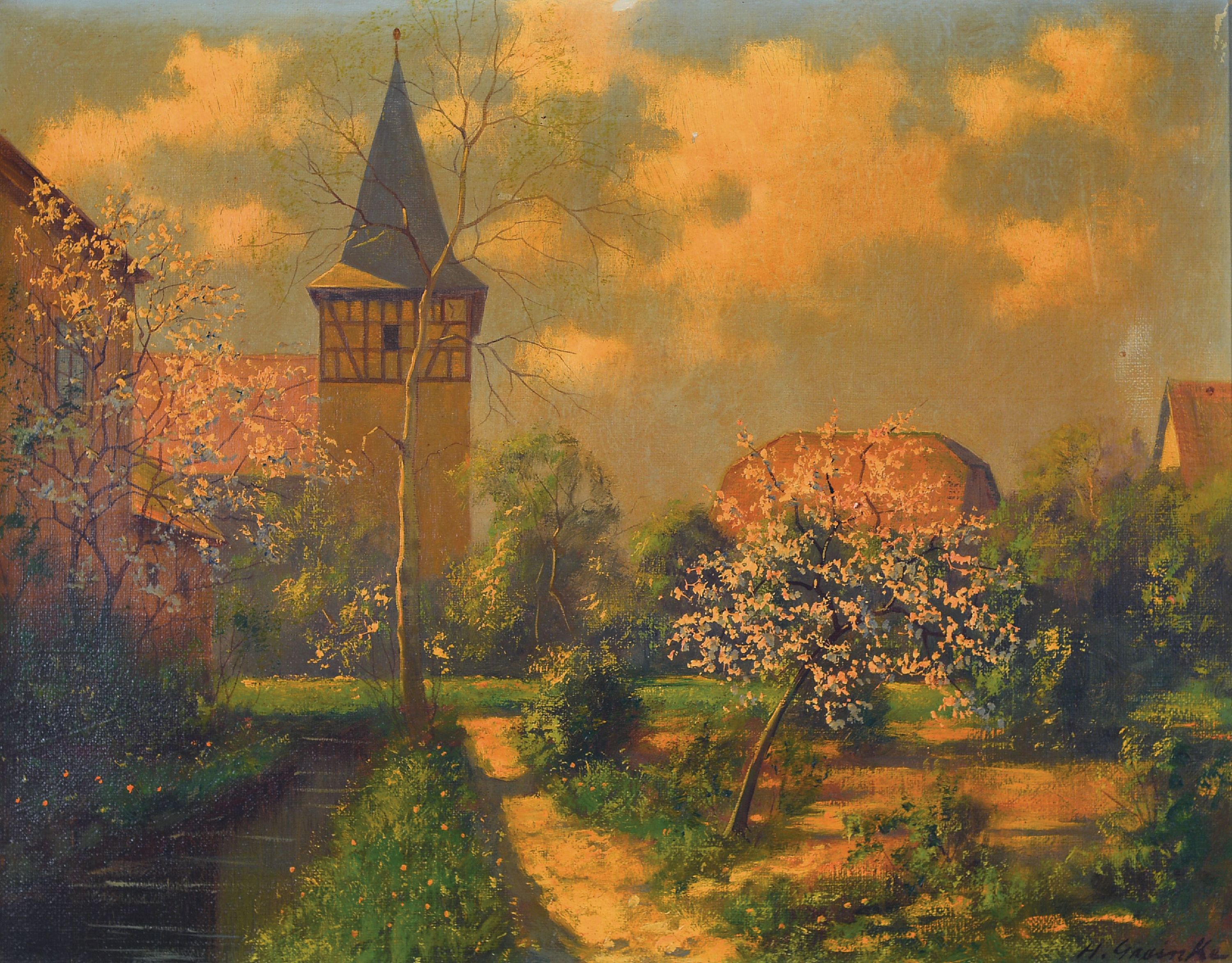 Image 27053258 - Hans Greinke, 1891 Berlin-1960 Weimar, Blick auf einen Kirchturm und einen blühenden ...