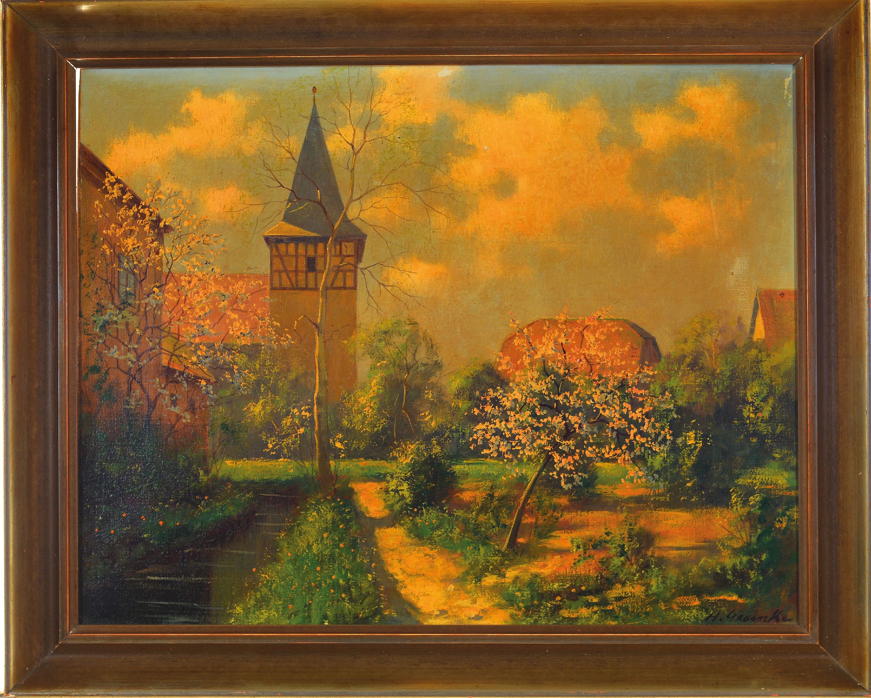 Detail k: Hans Greinke, 1891 Berlin-1960 Weimar, Blick auf einen Kirchturm und einen blühenden Baum, Öl/Lwd, rechts unten sign., ca. 36x46cm, R. ca. 43x53cm