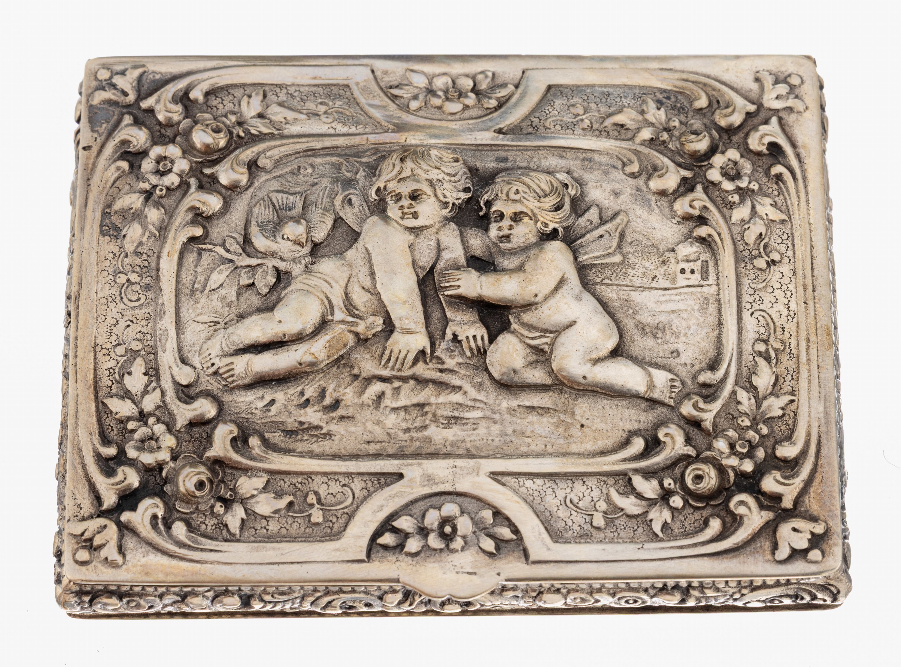 Image 27053289 - Tabatiere, Hanau um 1890-1900, 800er Silber, Deckel mit Relief, Darstellung mit 2 ...