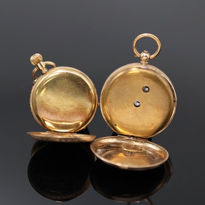 27053249c - 2 offene Zylindertaschenuhren in RG 585/000 und 375/000, um 1880, 1 x Schlüssel- und 1 ...