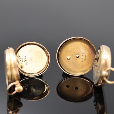 27053249d - 2 offene Zylindertaschenuhren in RG 585/000 und 375/000, um 1880, 1 x Schlüssel- und 1 ...