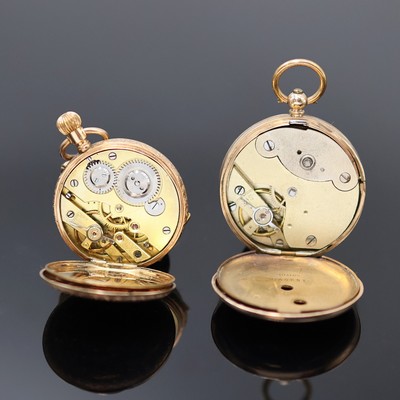 27053249e - 2 offene Zylindertaschenuhren in RG 585/000 und 375/000, um 1880, 1 x Schlüssel- und 1 ...