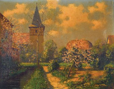 Image Hans Greinke, 1891 Berlin-1960 Weimar, Blick auf einen Kirchturm und einen blühenden ...